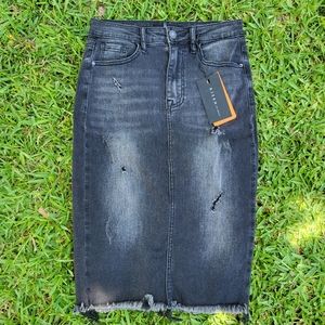 Risen Black Frayed Hem Distressed Midi Skirt